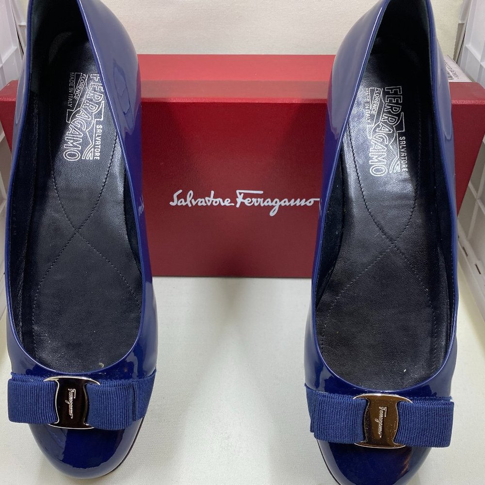Ferragamo Varina Blue Patent Leather Ballet